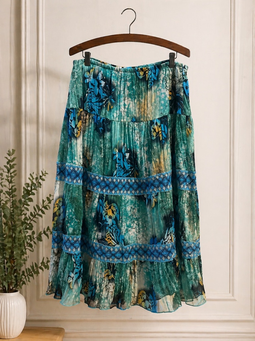 Notations Petite Teal Floral Tiered Boho Midi Skirt Size Petite Medium
